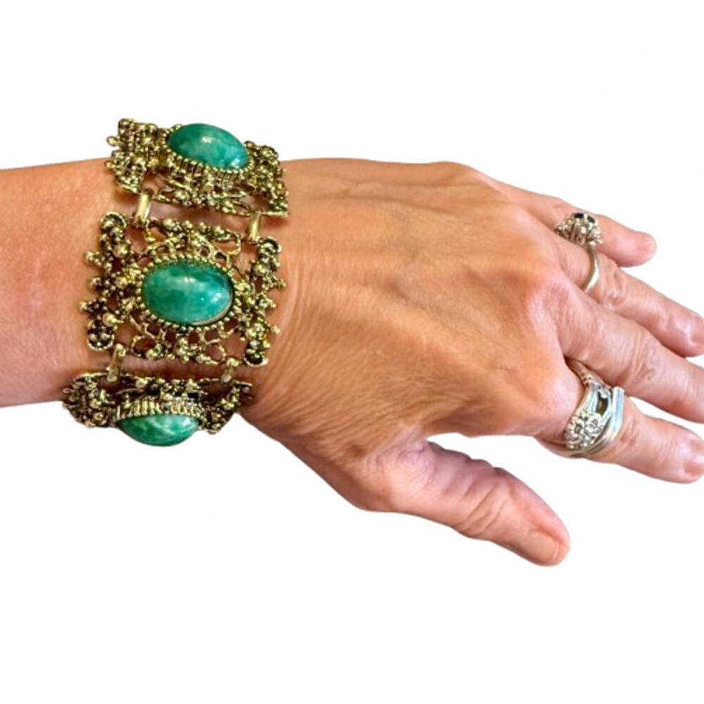 Vintage Peking Green Glass Cabochon Brutalist Panel Bracelet
